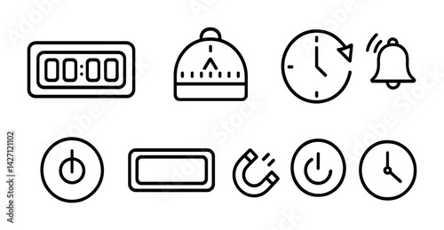 Timer and clock outline icons set – minimalist timekeeping symbols for alarms, countdown, and schedules: digital timer, kitchen timer, clock, bell, power button, hourglass, magnet