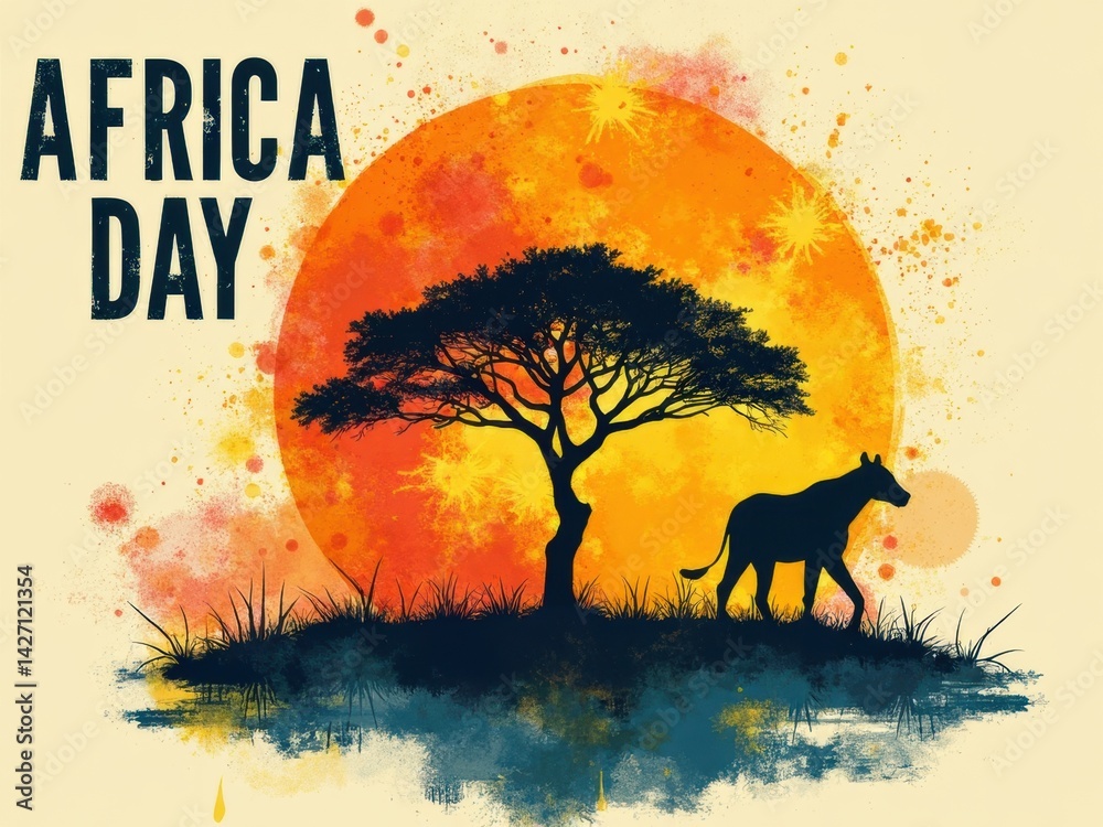 A silhouette of an animal walks under a prominent tree, set against a vibrant sunset background.