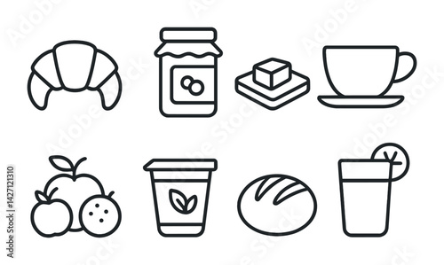 Breakfast food linear icons set – outline style breakfast and brunch symbols for culinary design, gastronomy, and menu creation: croissant, jam jar, coffee cup, fruits, yogurt