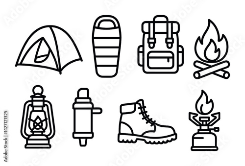 Camping equipment icon set – outline style outdoor adventure and survival symbols: tent, sleeping bag, backpack, campfire, lantern, hiking boot, stove, thermos