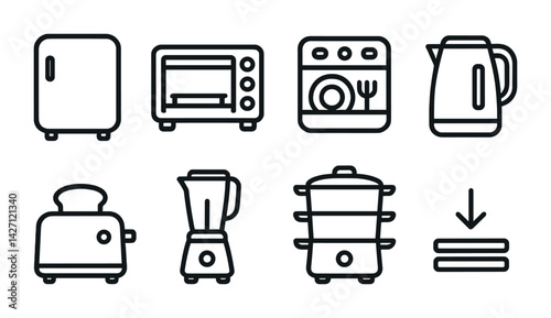 Kitchen appliance icon set – outline style symbols for cooking and kitchenware: refrigerator, oven, dishwasher, kettle, toaster, blender, steamer, sandwich maker