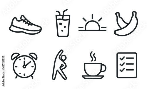 Healthy lifestyle icon set – outline style fitness, wellness, and nutrition symbols for daily routines, exercise, and health tracking: running shoe, smoothie, sunrise, bananas, alarm clock,