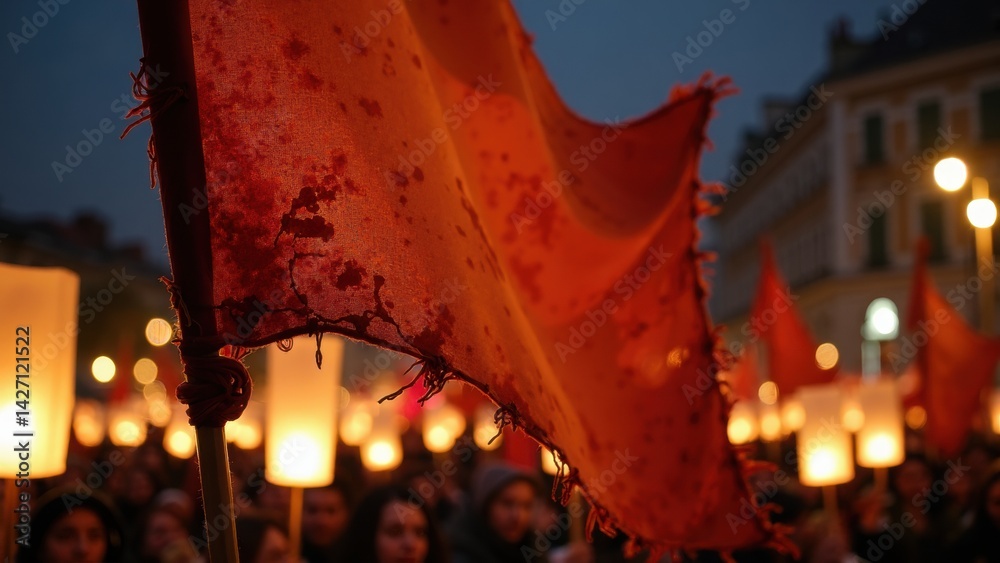 A worn banner, stained red, waves gently in the night air as lanterns glow softly nearby. A crowd gathers, creating a powerful atmosphere of collective emotion.
