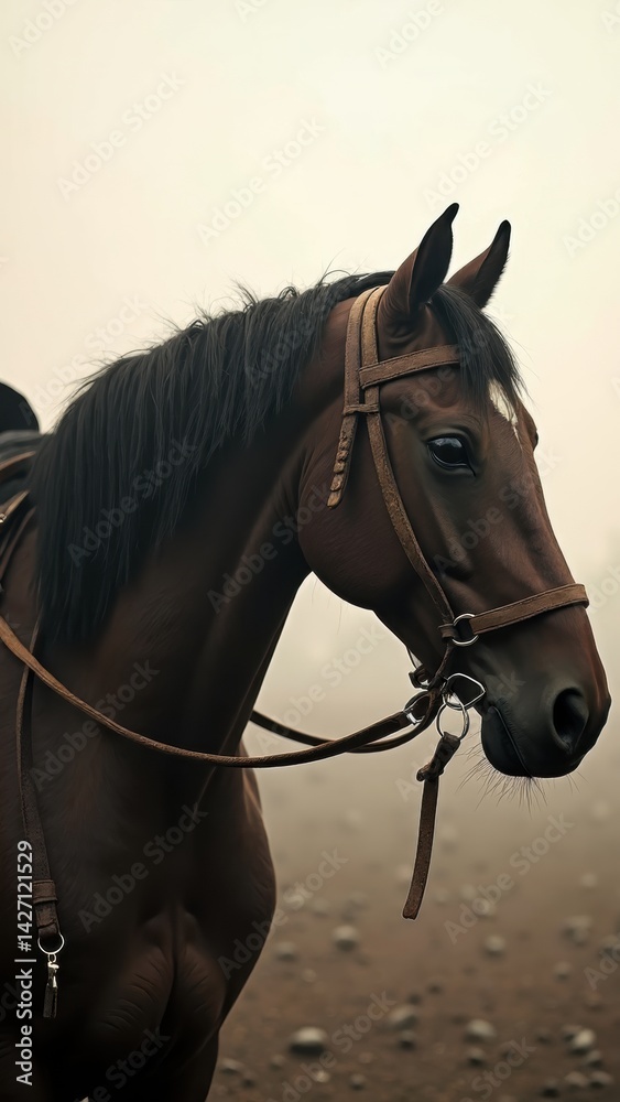 A horse is captured with its head bowed in a misty landscape, reflecting a sense of loss near an empty saddle, evoking deep emotions associated with Ashura.