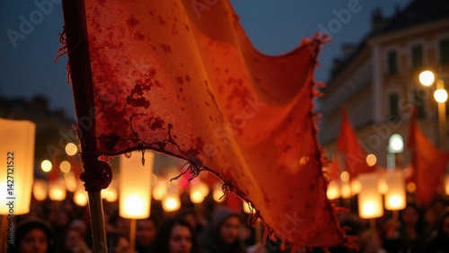 Obraz na płótnie A worn banner, stained red, waves gently in the night air as lanterns glow softly nearby. A crowd gathers, creating a powerful atmosphere of collective emotion. w salonie