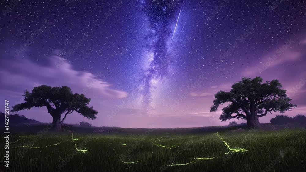 Digital art depicting a peaceful night sky with stars, overlooking a serene landscape of trees and grass, enhanced by the glowing lights of an unusual bug.