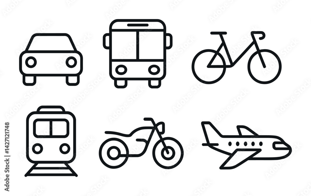 Transportation icon set – line style travel and commute symbols for mobility, transit, and conveyance: car, bus, bicycle, train, motorcycle, airplane