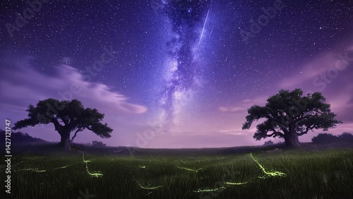 Obraz na płótnie Digital art depicting a peaceful night sky with stars, overlooking a serene landscape of trees and grass, enhanced by the glowing lights of an unusual bug. w salonie