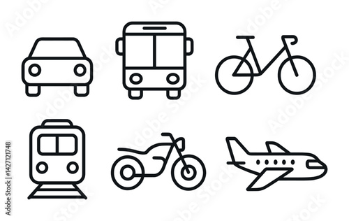Obraz na płótnie Transportation icon set – line style travel and commute symbols for mobility, transit, and conveyance: car, bus, bicycle, train, motorcycle, airplane w salonie