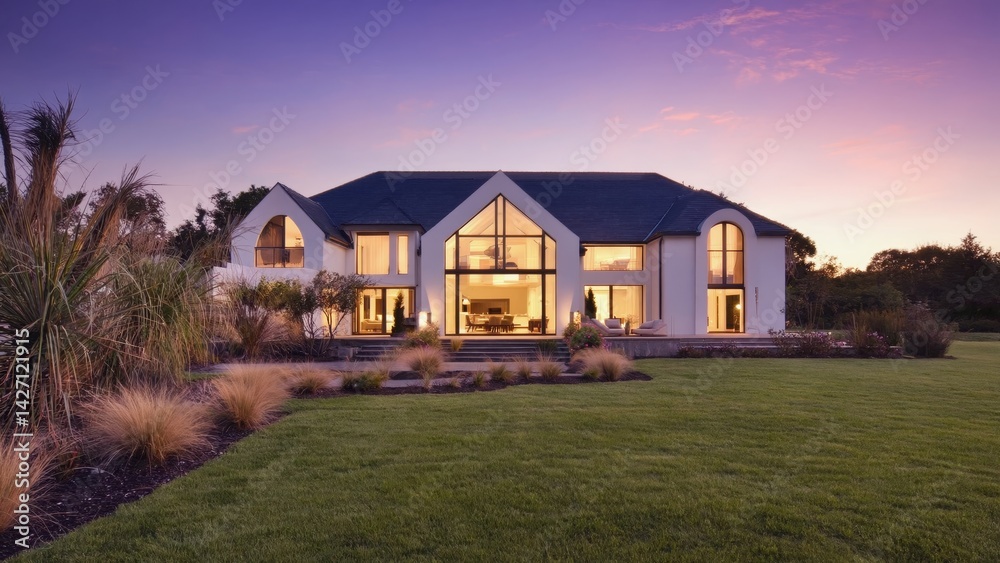 The house features a contemporary design, with two stories and large windows on the upper level. A roof terrace offers outdoor space, and well-designed landscaping includes lawn and fencing.