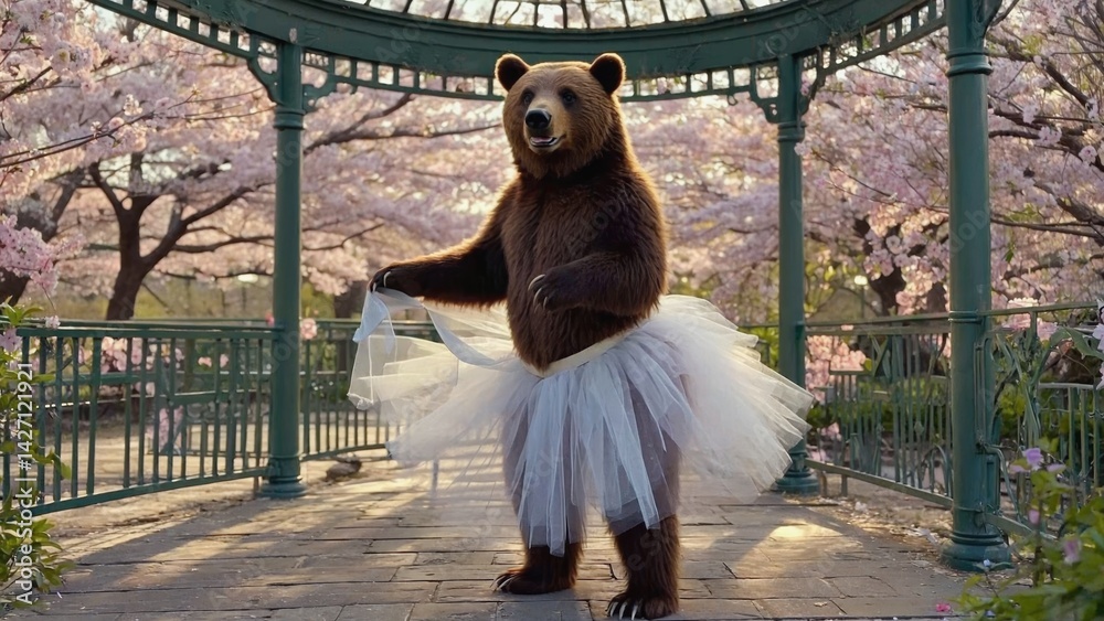 Bear wearing tutu dancing with floral background.