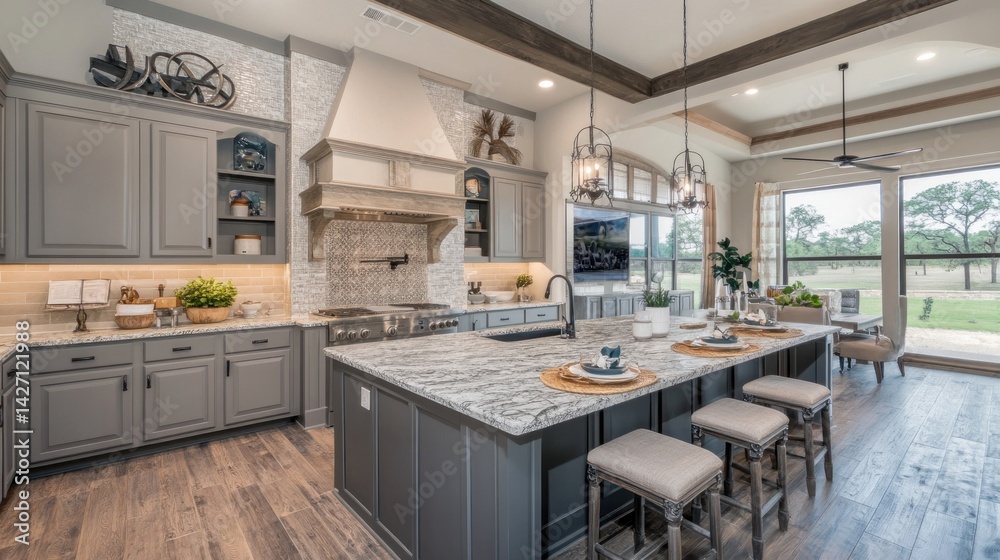 Spacious, gray kitchen with island and farmhouse details.