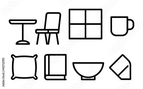 Home and furniture icon set – flat style decor and design symbols for interior styling, furniture, and home essentials: table, chair, window, mug, pillow, book, bowl, napkin