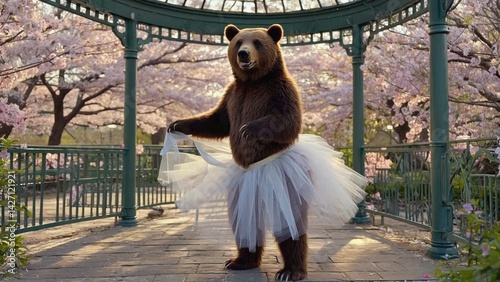 Obraz na płótnie Bear wearing tutu dancing with floral background. w salonie