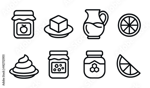 Breakfast ingredients icon set – outline style food and beverage symbols: jam, butter, milk jug, orange slice, cream, honey jar
