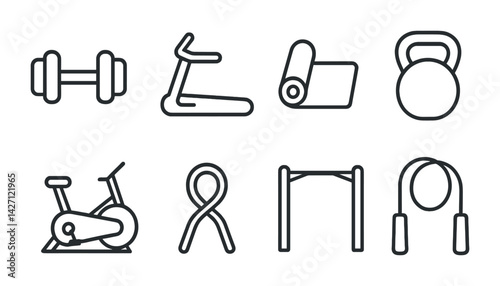 Fitness and exercise icon set – outline style health and workout symbols for gym and training: dumbbell, treadmill, yoga mat, kettlebell, exercise bike, resistance band, pull-up bar, jump rope