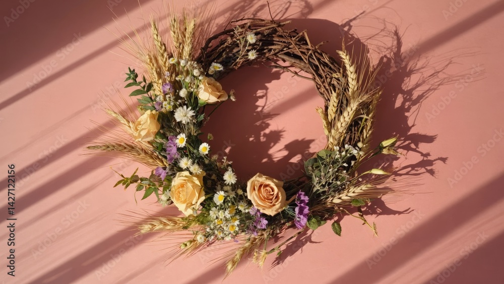 A wreath made of dried wheat and flowers, with a vintage country appeal, suggesting a DIY home decoration for spring or any season.