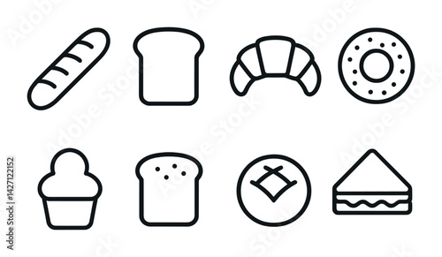 Bakery and pastry icon set – outline style culinary and dessert symbols for baking, cooking, and kitchen design: bread, loaf, croissant, donut, cupcake, toast, pastry, sandwich