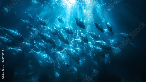 Surreal shoal of glowing lanternfish deep in the ocean their bioluminescent bodies creating a magical underwater display cinematic marine wildlife shot