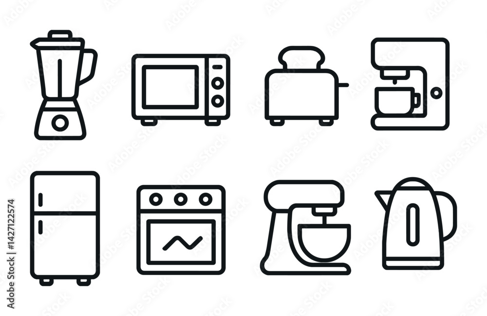 Kitchen appliances icon set – outline style cooking and baking symbols including blender, microwave, toaster, coffee maker, refrigerator, oven, mixer, kettle
