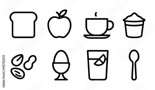 Breakfast food icon set – outline style morning meal symbols for nutritional planning, healthy eating: bread, apple, coffee cup, muffin, peanuts, egg, juice, spoon