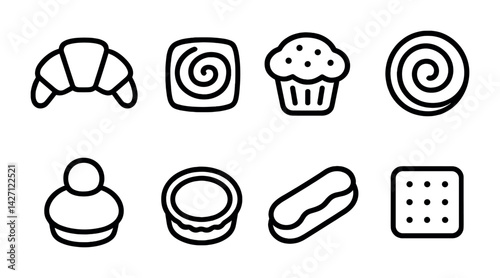 Bakery and pastry icon set – outline style dessert and confectionery symbols for cooking, baking, and food decoration: croissant, cupcake, donut, tart, biscuit, eclair, roll