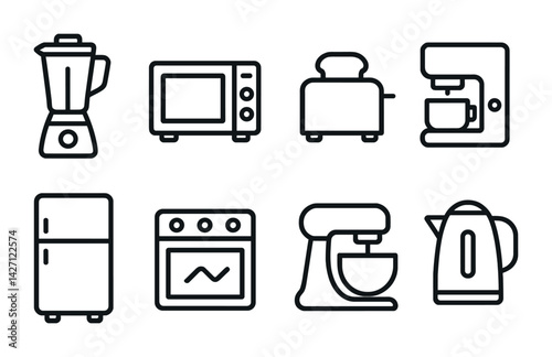 Obraz na płótnie Kitchen appliances icon set – outline style cooking and baking symbols including blender, microwave, toaster, coffee maker, refrigerator, oven, mixer, kettle w salonie