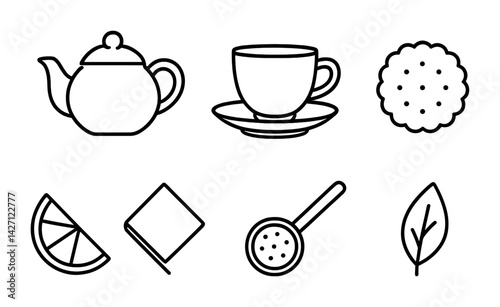 Tea time icons set – outline style beverage and snack symbols for tea lovers and cafés: teapot, teacup, biscuit, lemon slice, napkin, tea strainer, leaf
