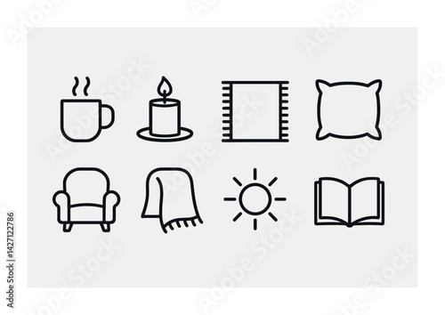 Home décor outline icon set – minimalist design and cozy living symbols for interior aesthetics and comfort: mug, candle, rug, pillow, chair, blanket, sun, book