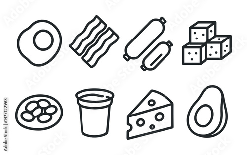 Breakfast food outline icons set – linear style morning meal symbols for culinary design, healthy eating, cooking: egg, bacon, sausage, tofu, yogurt, cheese, avocado