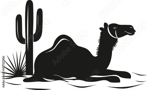 Camel Resting in the Desert Beside a Cactus