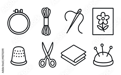 Embroidery crafting linear icons set – outline style symbols for sewing tools and needlework essentials: embroidery hoop, needle, thread, pin cushion, scissors, fabric