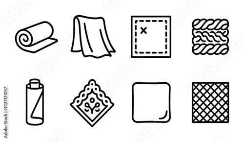 Textiles and fabrics icon set – outline style weaving and sewing symbols for crafting, fashion, and design: roll of fabric, cloth, stitched patch, yarn, textile pattern, decorative mat, fabric square