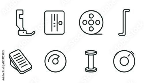 Sewing and tailoring outline icons set – elegant and minimalist crafts symbols for creative design and fashion projects: sewing machine, thread spool, needle, scissors, thimble, button, tape measure