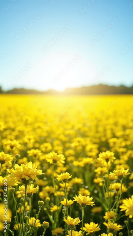 Obraz premium A vibrant field of yellow flowers under a clear sky, symbolizing abundant nature or permaculture.