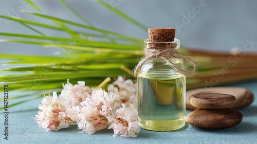 Palmarosa essential oil and grass with floral spa background   photo