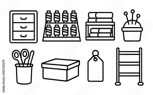 Craft supplies outline icons set – simple style art and diy symbols for creative projects, sewing, and organization: scissors, yarn, thread, fabric, pins, storage box, label, shelves