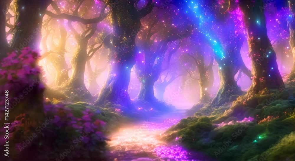 Enchanted Fantasy Forest Magical Trees and Glowing Pathways Seamless looping time lapse virtual video animation background 4K Enchanted Fantasy Forest Magical Trees and Glowing Pathways Seamless looping time lapse virtual video animation background 4K
