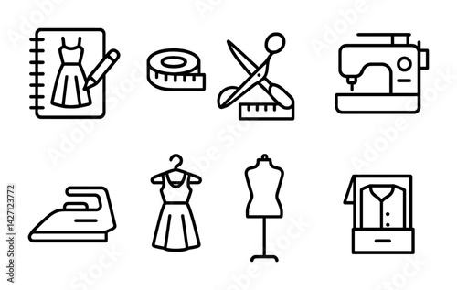 Fashion and sewing outline icon set – linear style tailoring and dressmaking symbols for design, craft, and textile: dress, scissors, measuring tape, sewing machine, mannequin, iron, shirt