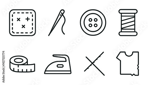 Sewing and tailoring icon set – outline style stitching and craft symbols for fashion design, needlework, and garment creation: needle, thread spool, button, ironing, tape measure, fabric swatch,