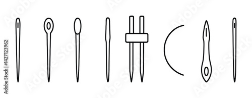 Sewing and needlework silhouette icon set – elegant flat style stitching and embroidery symbols for crafting, tailoring, and design: needle, pin, thread, seam ripper, thimble, scissors, tape measure
