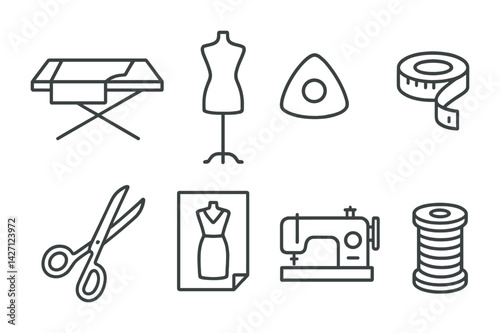 Sewing tools icon set – outline style crafting and tailoring symbols for fashion design, pattern making, and garment creation: sewing machine, dress form, scissors, tape measure, fabric, thread spool