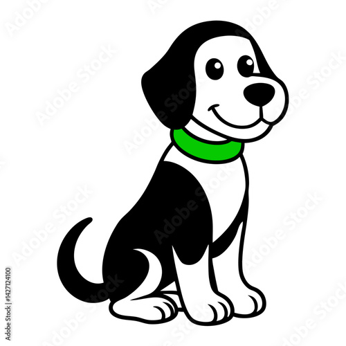 Happy Puppy: A cheerful cartoon dog sits patiently, wearing a green collar. Its joyful expression and simple design are perfect for children's books or playful branding.
