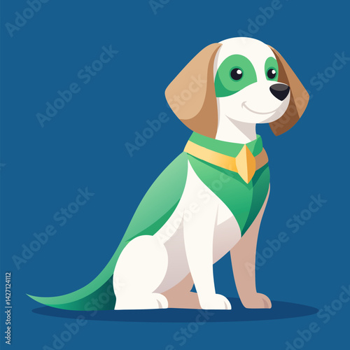 Super Beagle: A cheerful beagle dog in a green superhero cape, sitting majestically against a blue backdrop.