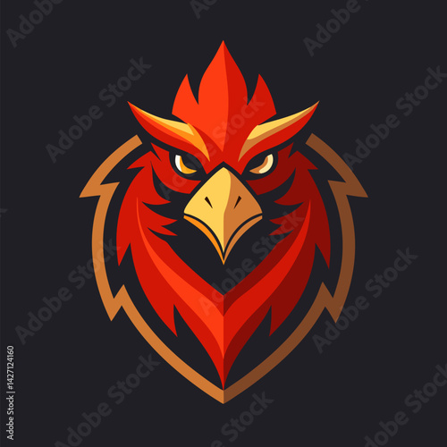 Phoenix Emblem: A vibrant phoenix emblem, with fiery red and orange plumage, represents strength and power against a dark background.