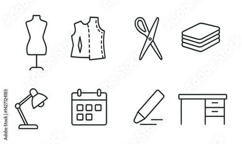 Fashion design icon set – outline style sewing and tailoring graphics for dressmaking, diy projects, and crafting: dress form, sewing pattern, scissors, fabric, sewing desk