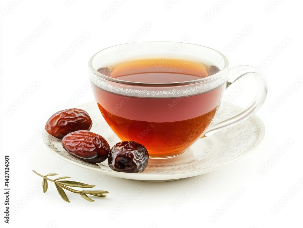 Festive Eid tea served with traditional dates, isolated white space.