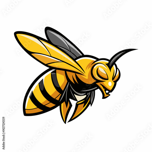 Wasp in Flight: A dynamic illustration showcasing a vibrant wasp in mid-flight, wings spread, radiating energy and life. The image uses simple color with bright yellow and dark stripes.