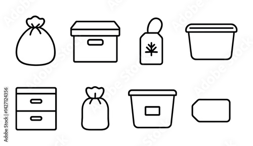 Storage and organization icon set – line style symbols for decluttering, space management, and home arrangement: bag, box, label, drawer, container, bin, jar, storage