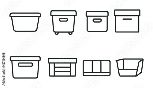 Storage container icon set – outline style graphics for organization and storage solutions: box, bin, drawer, basket, crate, carton, tub, tote